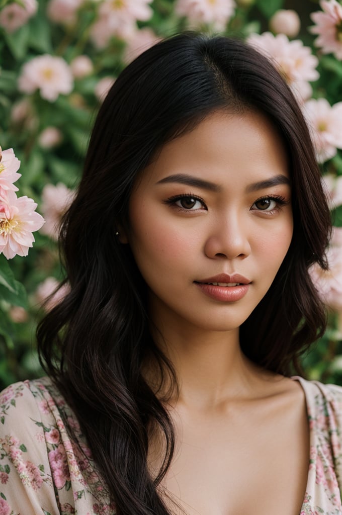 Portrait of beautiful Filipina woman, Conservative, Stunning realistic photograph, Floral Background