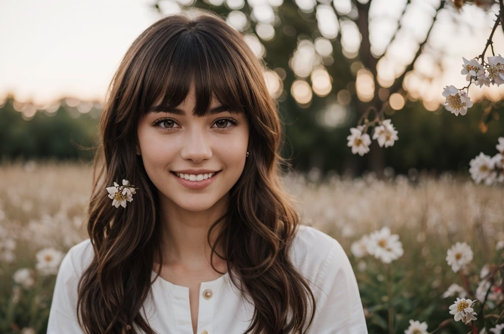 stunning realistic photo of beautiful 21 year old woman alive, whole body, realistic perfect detailed face, chestnut brown hair wavy hair with bangs, luscious long hair, hazel eyes, reflective eyes, lovely smile, realistic skin, highly detailed skin texture, natural skin, cheerful backgroud, blooming fields of flowers background, best quality, beautiful lighting, dramatic lighting, extremely detailed, bokeh