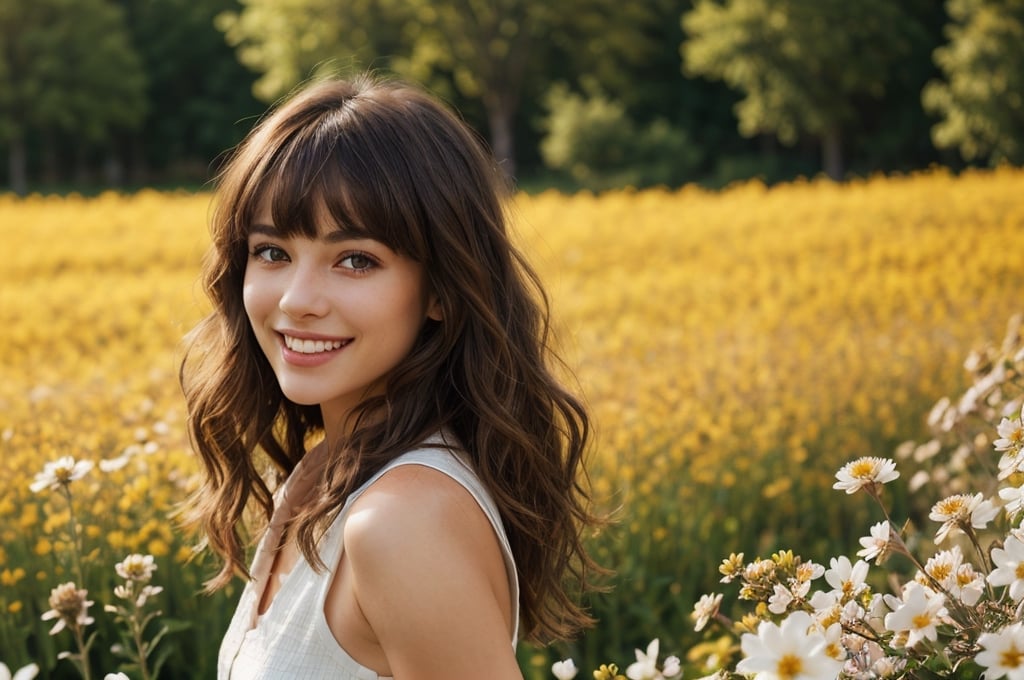 beautiful woman walking in blooming fields of flowers, beautiful spring summer scenic landscape, whole body, chestnut brown hair wavy hair with bangs, luscious long hair, hazel eyes, reflective eyes, lovely smile, realistic skin, highly detailed skin texture, natural skin, cheerful backgroud, best quality, beautiful lighting, dramatic lighting, extremely detailed, bokeh