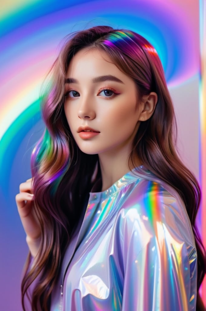 portrait, solo girl, long wavy hair, flowing rainbow colored holographic background, holographic, iridescent, vaporwave, fluid, niji style, realistic