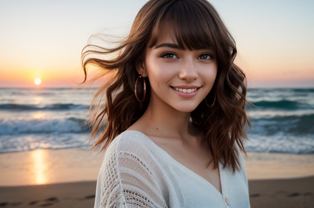 portrait of beautiful 21 year old woman alive, realistic perfect detailed face, chestnut brown hair wavy hair with bangs, luscious long hair, hazel eyes, reflective eyes, lovely smile, realistic skin, highly detailed skin texture, natural skin, gentle soul, lovely, hospitable, conservative, thoughtful, modest, humble, good, kind, stunning realistic photograph, panorama, beautiful sunset, beautiful sea shoreline background, the water is seen to be slowly running low on the shore, small waves are also observed crashing on the shoreline. the surface of the sea is seen to appear blue in color, best quality, beautiful lighting, dramatic lighting, extremely detailed, bokeh