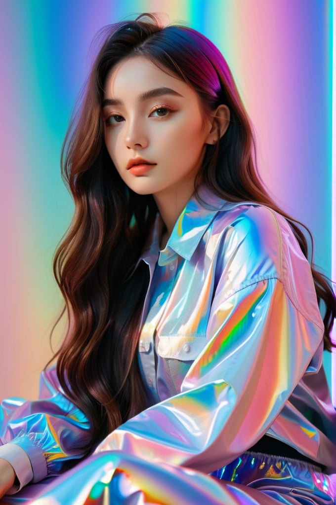 portrait, solo girl, facing front, viewer focus, lying from the front point pose, long wavy hair, sincere, flowing rainbow colored holographic background, holographic, iridescent, vaporwave, fluid, high fashion, realistic