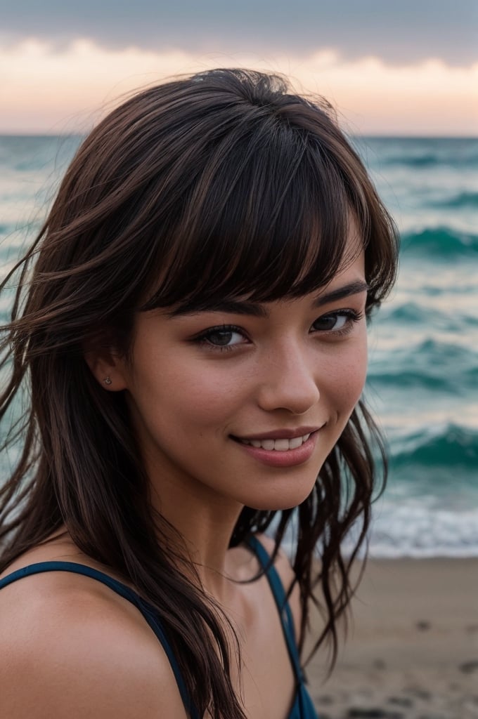 portrait of beautiful 21 year old woman alive, realistic perfect detailed face, chestnut brown hair wavy hair with bangs, luscious long hair, hazel eyes, reflective eyes, lovely smile, realistic skin, highly detailed skin texture, natural skin, gentle soul, lovely, hospitable, conservative, thoughtful, modest, humble, good, kind, stunning realistic photograph, beautiful sea shoreline background, the water is seen to be slowly running low on the shore, small waves are also observed crashing on the shoreline. the surface of the sea is seen to appear blue in color, best quality, beautiful lighting, dramatic lighting, extremely detailed, bokeh