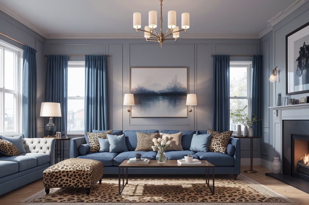 Interior design living room, Colors: Greyish blue, and Dark Blue, cushions in the cheetah print, 3D rendered, masterpiece, beautiful, modern design, high ceiling, large shop, cozy atmosphere, realistic colors, detailed, widescreen, full picture, ultra-high definition, extremely detailed, photorealistic, high resolution interior design, extremely high detailed beautiful modern lighting,