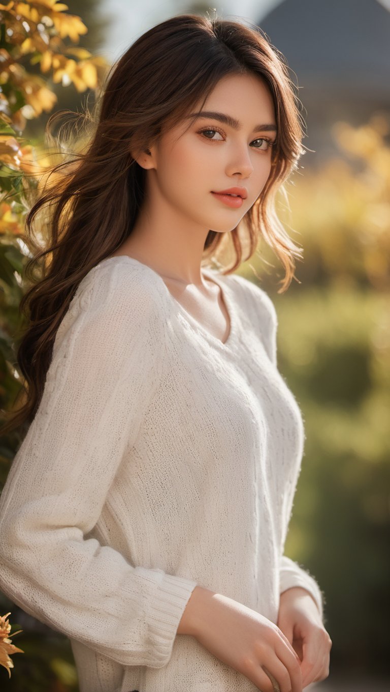 portrait of beautiful 21 year old woman alive, realistic perfect detailed face, chestnut brown hair wavy hair with bangs, luscious long hair, hazel eyes, reflective eyes, lovely smile, realistic skin, highly detailed skin texture, natural skin, gentle soul, lovely, hospitable, conservative, thoughtful, modest, humble, good, kind, stunning realistic photograph, high fashion, 8k Instagram post of the beautiful fashion model in the world, best quality, beautiful lighting, dramatic lighting, extremely detailed, bokeh