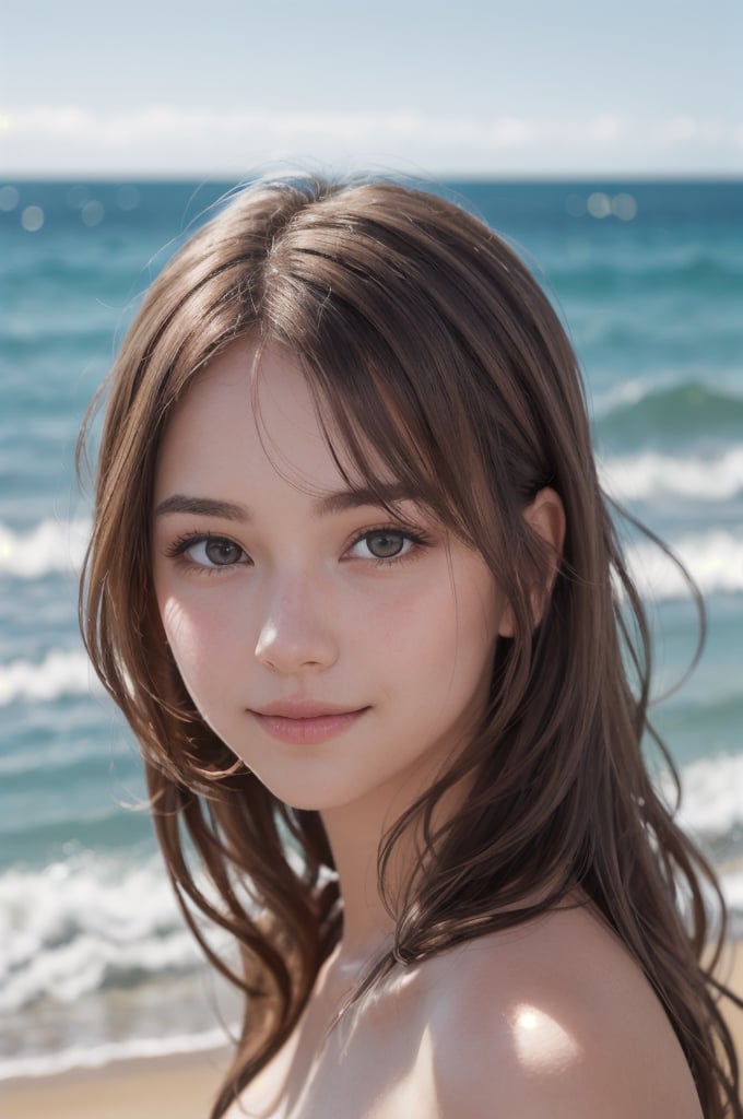 portrait of beautiful 21 year old woman alive, realistic perfect detailed face, chestnut brown hair wavy hair with bangs, luscious long hair, hazel eyes, reflective eyes, lovely smile, realistic skin, highly detailed skin texture, natural skin, gentle soul, lovely, hospitable, conservative, thoughtful, modest, humble, good, kind, stunning realistic photograph, beautiful sea shoreline background, the water is seen to be slowly running low on the shore, small waves are also observed crashing on the shoreline. the surface of the sea is seen to appear blue in color, best quality, beautiful lighting, dramatic lighting, extremely detailed, bokeh