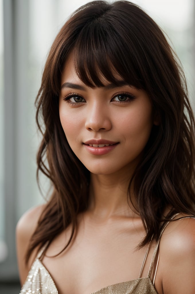 Portrait of beautiful Filipina woman, Conservative, Stunning realistic photograph, realistic perfect detailed face, chestnut brown hair wavy hair with bangs, luscious long hair, hazel eyes, reflective eyes, lovely smile, realistic skin, highly detailed skin texture, natural skin, gentle soul, lovely, hospitable, conservative, thoughtful, modest, humble, good, kind, stunning realistic photograph, high fashion, 8k Instagram post of the beautiful fashion model in the world, best quality, beautiful lighting, dramatic lighting, extremely detailed, bokeh