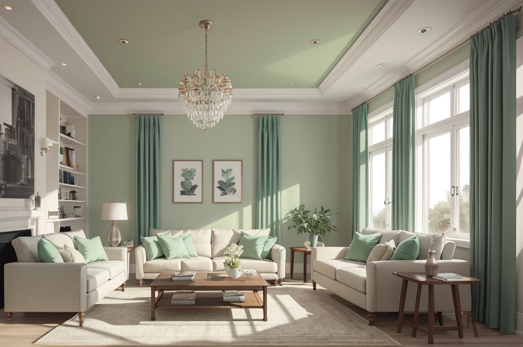 Interior design living room, Colors: Light green, and Cream, 3D rendered, masterpiece, beautiful, modern design, high ceiling, large shop, cozy atmosphere, realistic colors, detailed, widescreen, full picture, ultra-high definition, extremely detailed, photorealistic, high resolution interior design, extremely high detailed beautiful modern lighting,