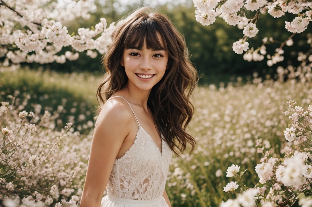 beautiful woman walking in blooming fields of flowers, beautiful spring summer scenic landscape, whole body, chestnut brown hair wavy hair with bangs, luscious long hair, hazel eyes, reflective eyes, lovely smile, realistic skin, highly detailed skin texture, natural skin, cheerful backgroud, best quality, beautiful lighting, dramatic lighting, extremely detailed, bokeh