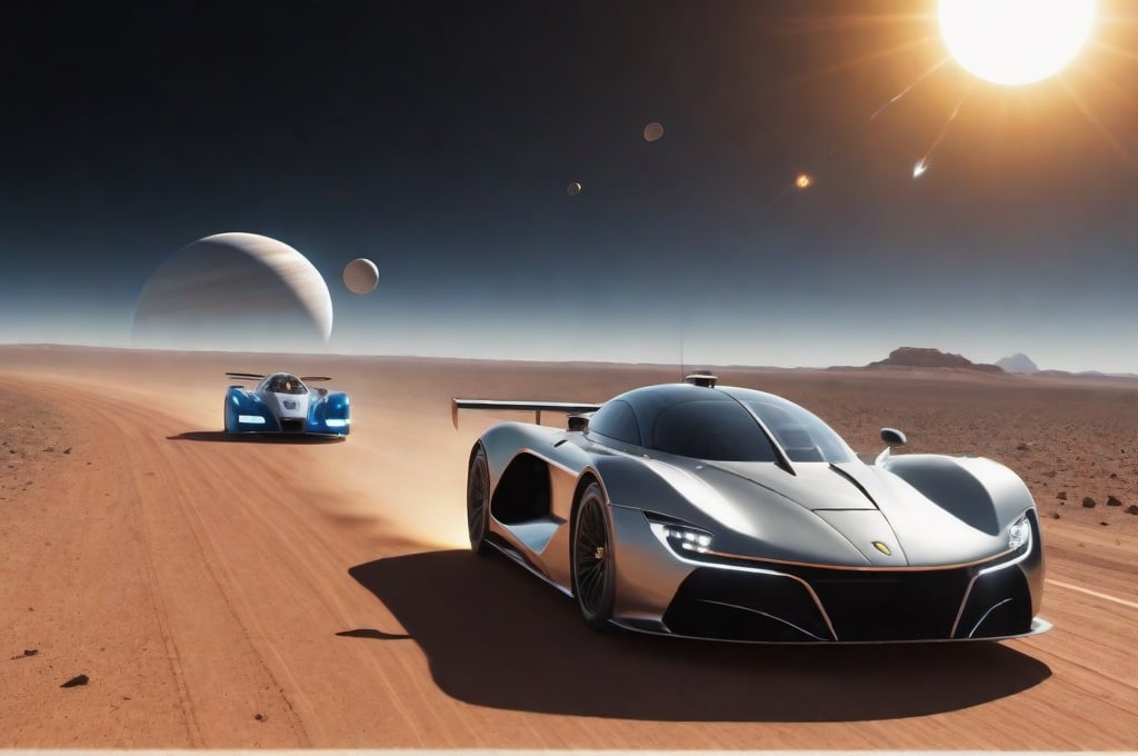 Sports racing of futuristic high speed super cars in planetary rings in the solar system,Movie Still