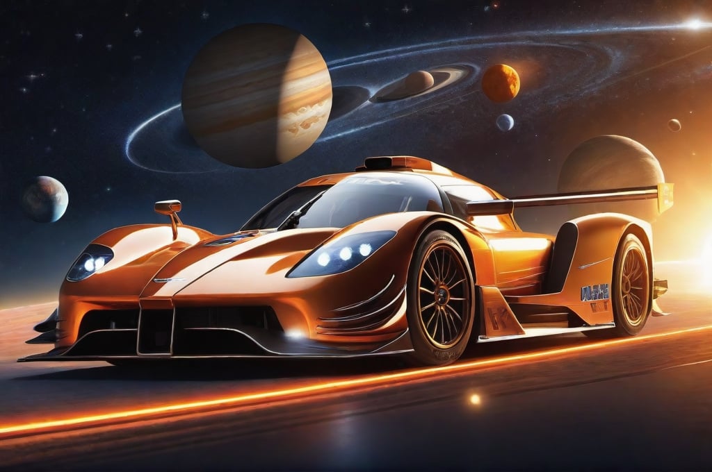 Imagine a sports racing of cars in space, surrounded with universe filled with solar system, galaxy, and stars background, dramatic lighting, highly detailed