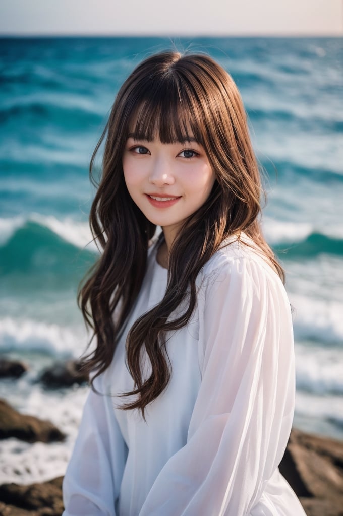 portrait of beautiful 21 year old woman alive, realistic perfect detailed face, chestnut brown hair wavy hair with bangs, luscious long hair, hazel eyes, reflective eyes, lovely smile, realistic skin, highly detailed skin texture, natural skin, gentle soul, lovely, hospitable, conservative, thoughtful, modest, humble, good, kind, stunning realistic photograph, beautiful sea shoreline background, the water is seen to be slowly running low on the shore, small waves are also observed crashing on the shoreline. the surface of the sea is seen to appear blue in color, best quality, beautiful lighting, dramatic lighting, extremely detailed, bokeh