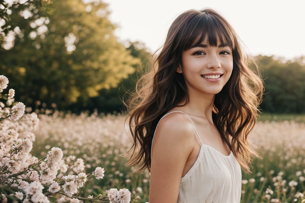 beautiful woman walking in blooming fields of flowers, beautiful spring summer scenic landscape, whole body, chestnut brown hair wavy hair with bangs, luscious long hair, hazel eyes, reflective eyes, lovely smile, realistic skin, highly detailed skin texture, natural skin, cheerful backgroud, best quality, beautiful lighting, dramatic lighting, extremely detailed, bokeh