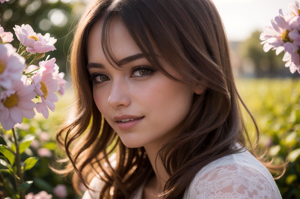 stunning realistic photo of beautiful 21 year old woman alive, whole body, realistic perfect detailed face, chestnut brown hair wavy hair with bangs, luscious long hair, hazel eyes, reflective eyes, lovely smile, realistic skin, highly detailed skin texture, natural skin, cheerful backgroud, blooming fields of flowers background, best quality, beautiful lighting, dramatic lighting, extremely detailed, bokeh