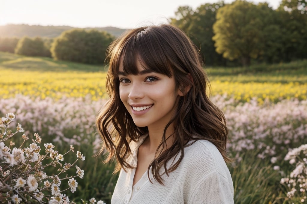 beautiful woman walking in blooming fields of flowers, beautiful spring summer scenic landscape, whole body, realistic perfect detailed face, chestnut brown hair wavy hair with bangs, luscious long hair, hazel eyes, reflective eyes, lovely smile, realistic skin, highly detailed skin texture, natural skin, cheerful backgroud, best quality, beautiful lighting, dramatic lighting, extremely detailed, bokeh