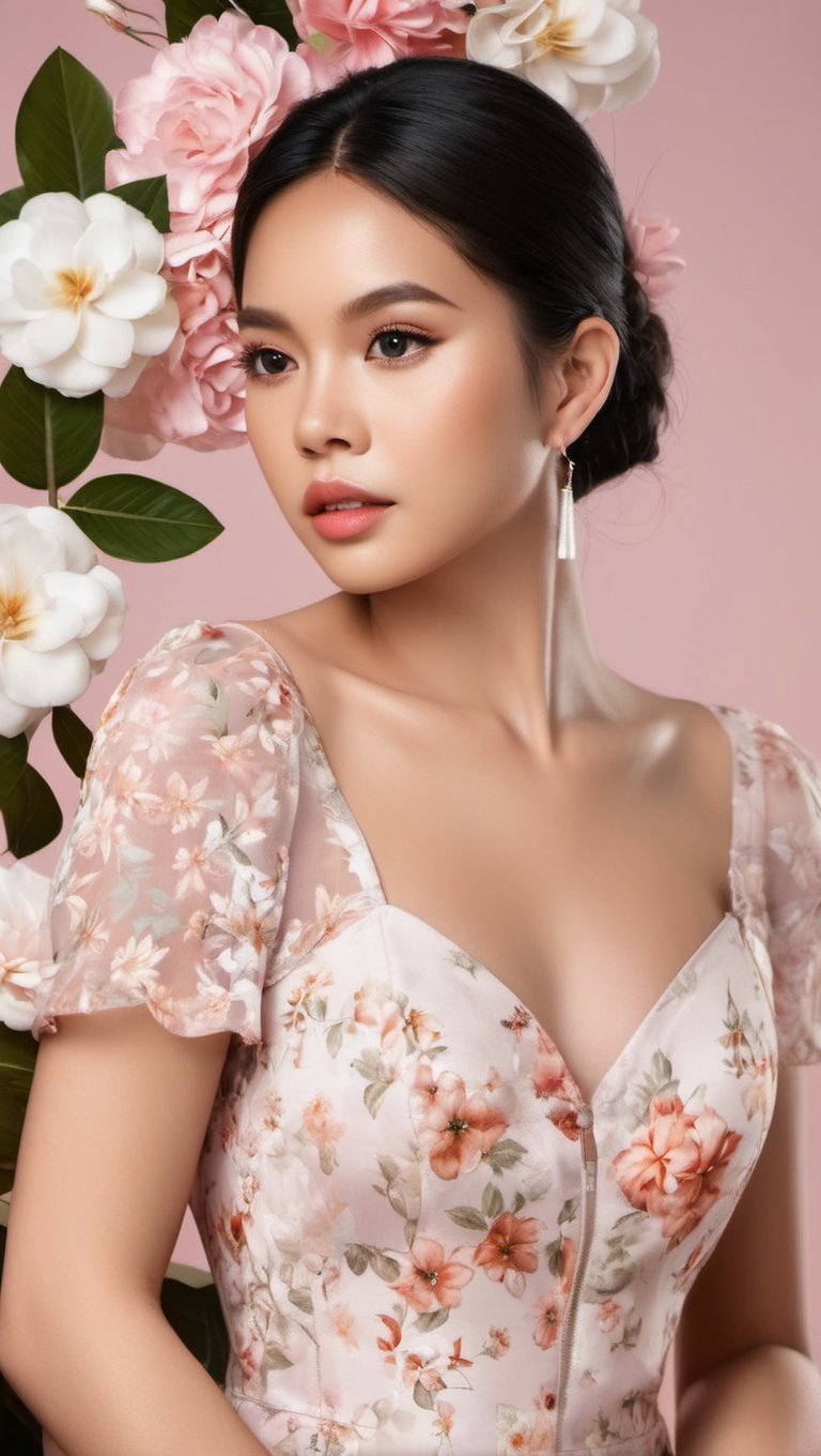 Portrait of beautiful Filipina woman, Conservative, Stunning realistic photograph, Floral Background