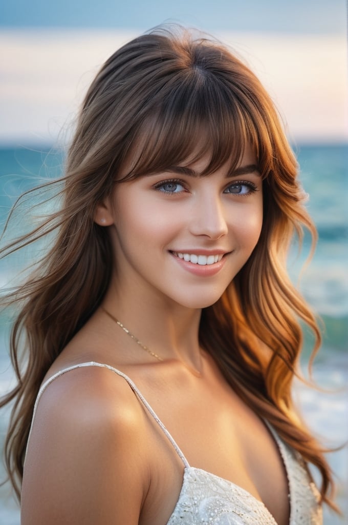 portrait of beautiful 21 year old woman alive, realistic perfect detailed face, chestnut brown hair wavy hair with bangs, luscious long hair, hazel eyes, reflective eyes, lovely smile, realistic skin, highly detailed skin texture, natural skin, gentle soul, lovely, hospitable, conservative, thoughtful, modest, humble, good, kind, stunning realistic photograph, beautiful sea shoreline background, the water is seen to be slowly running low on the shore, small waves are also observed crashing on the shoreline. the surface of the sea is seen to appear blue in color, best quality, beautiful lighting, dramatic lighting, extremely detailed, bokeh