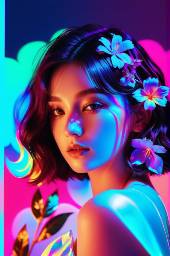 portrait, 1 girl, solo, short wavy hair, flowing neon, colored holographic floral background, holographic, iridescent, vaporwave, fluid, flowers, lying from the front point pose, high fashion, realistic