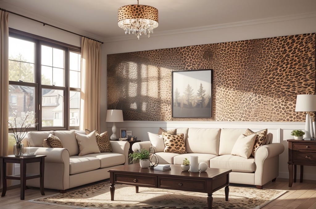 Interior design living room, Colors: Brown, and Cream, cushions in the cheetah print, 3D rendered, masterpiece, beautiful, modern design, high ceiling, large shop, cozy atmosphere, realistic colors, detailed, widescreen, full picture, ultra-high definition, extremely detailed, photorealistic, high resolution interior design, extremely high detailed beautiful modern lighting,