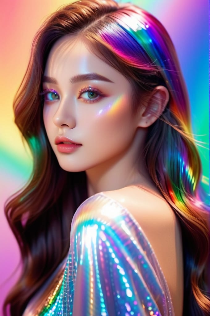 realistic portriat, girl, complete face details, luscious long wavy hair , reflective eyes, highly detailed natural realistic skin texture, flowing rainbow colored holographic background, holographic, iridescent, vaporwave, fluid, niji style, bokeh, 