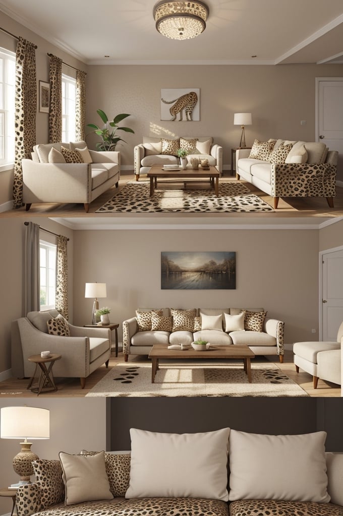 Interior design living room, Colors: Brown, and Cream, cushions in the cheetah print, 3D rendered, masterpiece, beautiful, modern design, high ceiling, large shop, cozy atmosphere, realistic colors, detailed, widescreen, full picture, ultra-high definition, extremely detailed, photorealistic, high resolution interior design, extremely high detailed beautiful modern lighting,