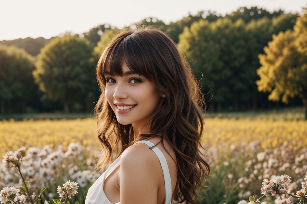 beautiful woman walking in blooming fields of flowers, beautiful spring summer scenic landscape, whole body, chestnut brown hair wavy hair with bangs, luscious long hair, hazel eyes, reflective eyes, lovely smile, realistic skin, highly detailed skin texture, natural skin, cheerful backgroud, best quality, beautiful lighting, dramatic lighting, extremely detailed, bokeh