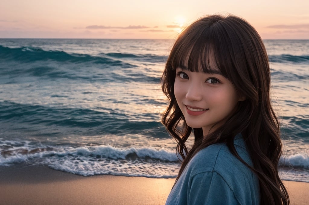 portrait of beautiful 21 year old woman alive, realistic perfect detailed face, chestnut brown hair wavy hair with bangs, luscious long hair, hazel eyes, reflective eyes, lovely smile, realistic skin, highly detailed skin texture, natural skin, gentle soul, lovely, hospitable, conservative, thoughtful, modest, humble, good, kind, stunning realistic photograph, panorama, beautiful sunset, beautiful sea shoreline background, the water is seen to be slowly running low on the shore, small waves are also observed crashing on the shoreline. the surface of the sea is seen to appear blue in color, best quality, beautiful lighting, dramatic lighting, extremely detailed, bokeh