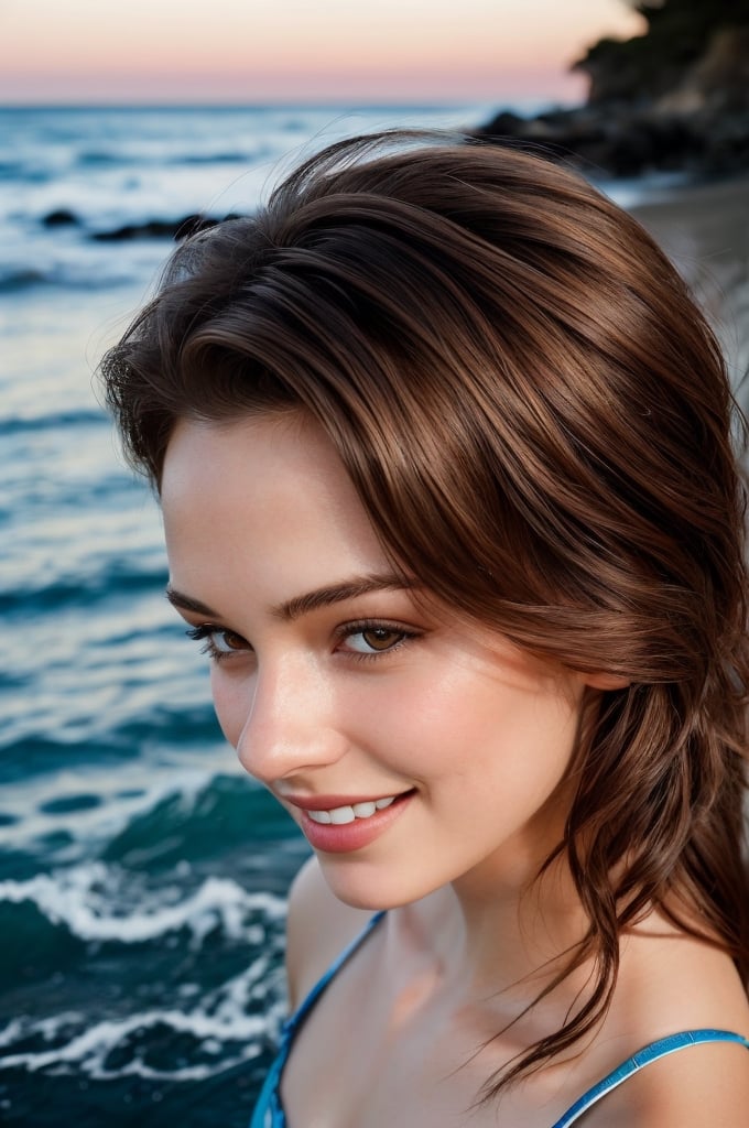 portrait of beautiful 21 year old woman alive, realistic perfect detailed face, chestnut brown hair wavy hair with bangs, luscious long hair, hazel eyes, reflective eyes, lovely smile, realistic skin, highly detailed skin texture, natural skin, gentle soul, lovely, hospitable, conservative, thoughtful, modest, humble, good, kind, stunning realistic photograph, beautiful sea shoreline background, the water is seen to be slowly running low on the shore, small waves are also observed crashing on the shoreline. the surface of the sea is seen to appear blue in color, best quality, beautiful lighting, dramatic lighting, extremely detailed, bokeh