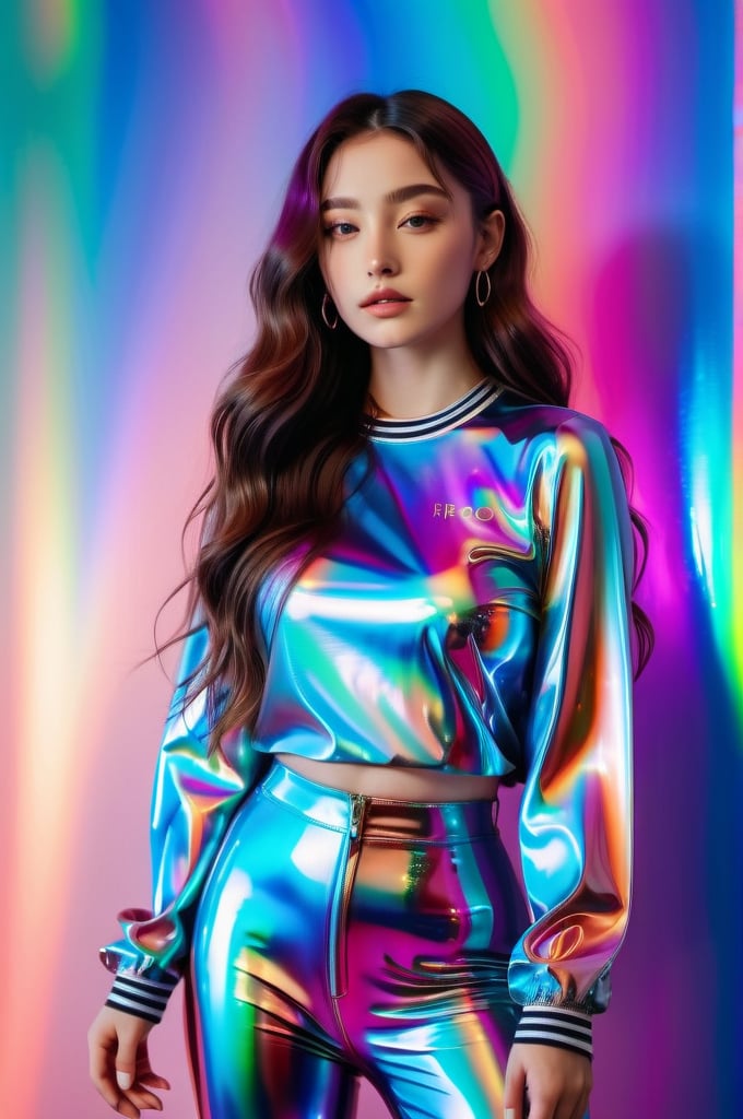 full body shot, whole body, portrait, solo girl, long wavy hair, flowing rainbow colored holographic background, holographic, iridescent, vaporwave, fluid, high fashion, realistic