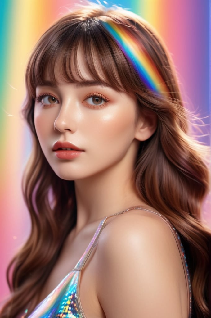 realistic portriat, girl, complete face details, luscious long chestnut brown hair wavy hair with bangs, reflective hazel eyes, highly detailed natural realistic skin texture, flowing rainbow colored holographic background, holographic, iridescent, vaporwave, fluid, bokeh, 