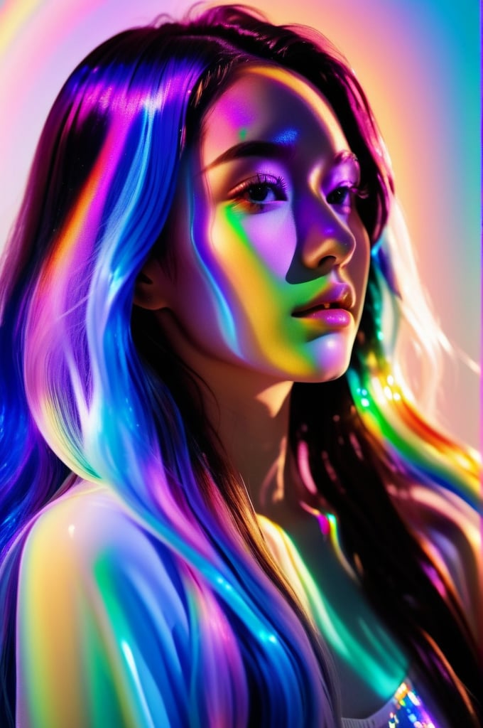 portrait, 1 girl, solo, long wavy hair, flowing rainbow colored holographic background, holographic, iridescent, vaporwave, fluid,  realistic