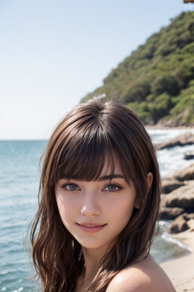 portrait of beautiful 21 year old woman alive, realistic perfect detailed face, chestnut brown hair wavy hair with bangs, luscious long hair, hazel eyes, reflective eyes, lovely smile, realistic skin, highly detailed skin texture, natural skin, gentle soul, lovely, hospitable, conservative, thoughtful, modest, humble, good, kind, stunning realistic photograph, beautiful sea shoreline background, the water is seen to be slowly running low on the shore, small waves are also observed crashing on the shoreline. the surface of the sea is seen to appear blue in color, best quality, beautiful lighting, dramatic lighting, extremely detailed, bokeh