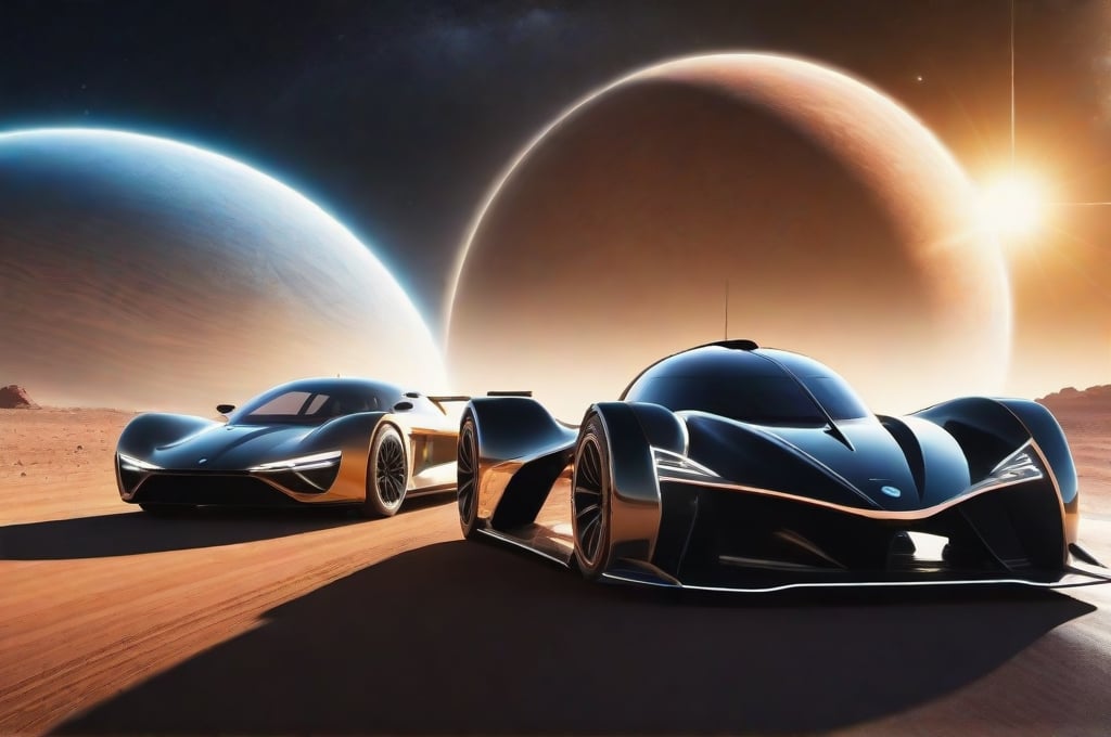 Sports racing of futuristic high speed super cars in planetary rings in the solar system