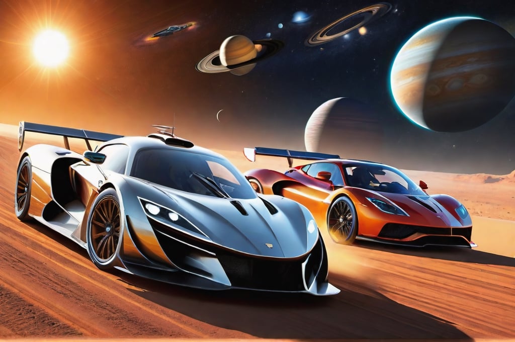 Sports racing of futuristic high speed super cars in planetary rings in the solar system, turbo cars, car racing, car speeding, surrounded with universe filled with solar system, galaxy, and stars, dramatic lighting, highly detailed, photo realistic, hyper realistic