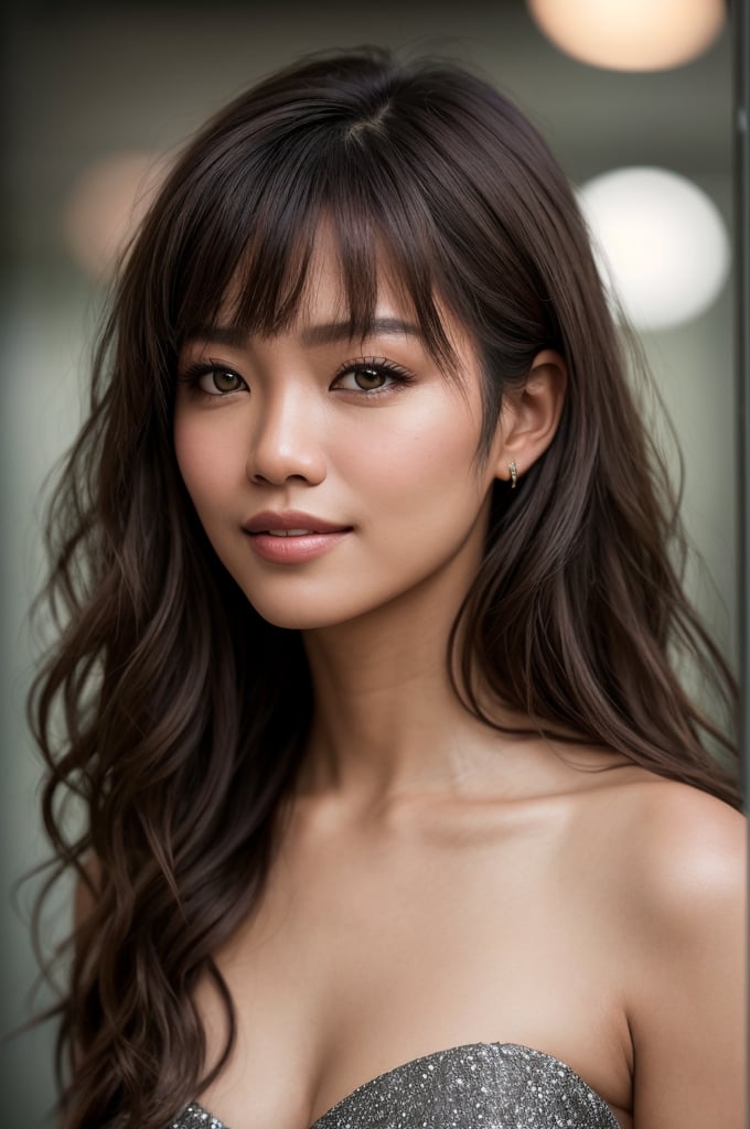 Portrait of beautiful Filipina woman, Conservative, Stunning realistic photograph, realistic perfect detailed face, chestnut brown hair wavy hair with bangs, luscious long hair, hazel eyes, reflective eyes, lovely smile, realistic skin, highly detailed skin texture, natural skin, gentle soul, lovely, hospitable, conservative, thoughtful, modest, humble, good, kind, stunning realistic photograph, high fashion, 8k Instagram post of the beautiful fashion model in the world, best quality, beautiful lighting, dramatic lighting, extremely detailed, bokeh