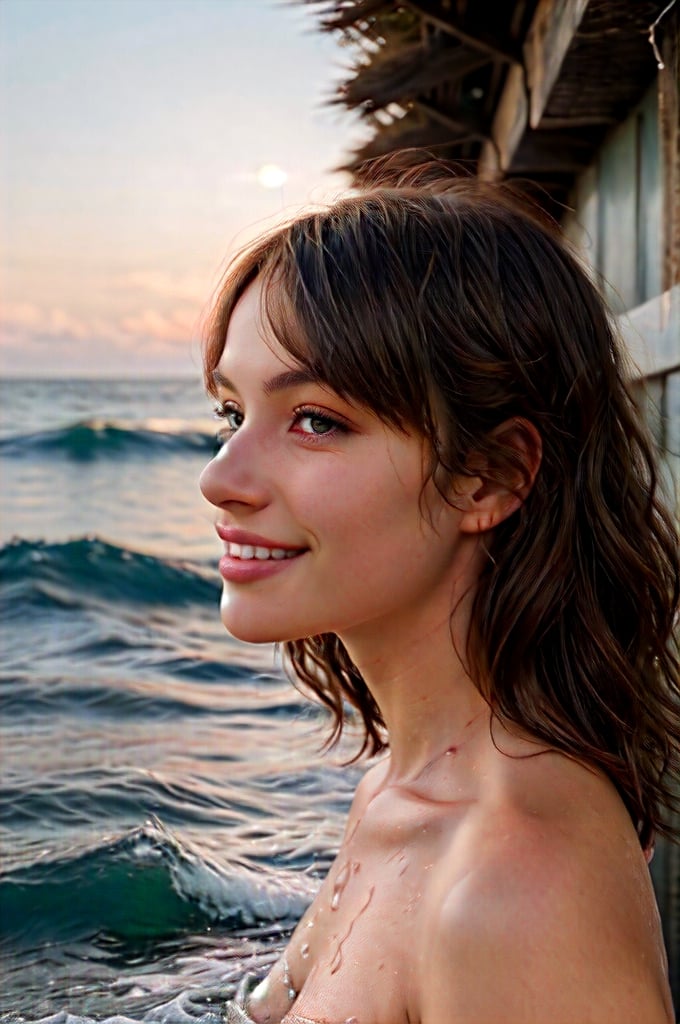 portrait of beautiful 21 year old woman alive, realistic perfect detailed face, chestnut brown hair wavy hair with bangs, luscious long hair, hazel eyes, reflective eyes, lovely smile, realistic skin, highly detailed skin texture, natural skin, gentle soul, lovely, hospitable, conservative, thoughtful, modest, humble, good, kind, stunning realistic photograph, beautiful sea shoreline background, the water is seen to be slowly running low on the shore, small waves are also observed crashing on the shoreline. the surface of the sea is seen to appear blue in color, best quality, beautiful lighting, dramatic lighting, extremely detailed, bokeh