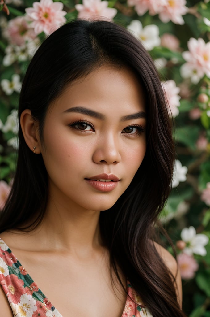 Portrait of beautiful Filipina woman, Conservative, Stunning realistic photograph, Floral Background