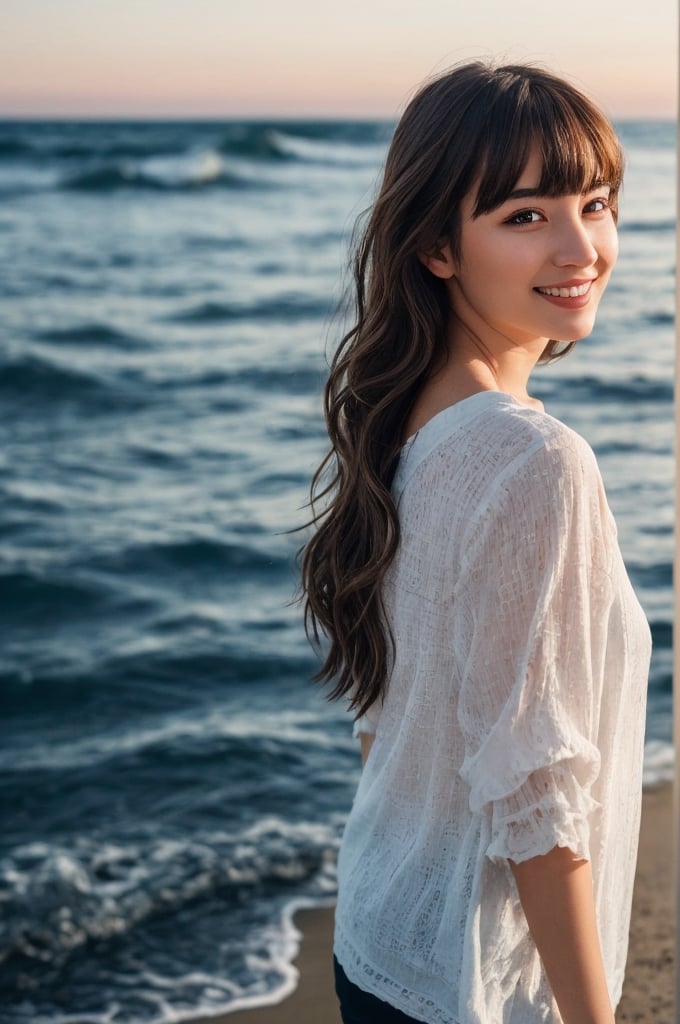 portrait of beautiful 21 year old woman alive, realistic perfect detailed face, chestnut brown hair wavy hair with bangs, luscious long hair, hazel eyes, reflective eyes, lovely smile, realistic skin, highly detailed skin texture, natural skin, gentle soul, lovely, hospitable, conservative, thoughtful, modest, humble, good, kind, stunning realistic photograph, beautiful sea shoreline background, the water is seen to be slowly running low on the shore, small waves are also observed crashing on the shoreline. the surface of the sea is seen to appear blue in color, best quality, beautiful lighting, dramatic lighting, extremely detailed, bokeh