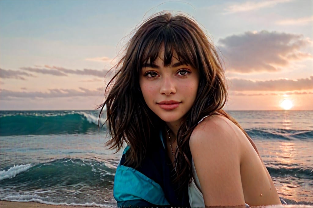 portrait of beautiful 21 year old woman alive, realistic perfect detailed face, chestnut brown hair wavy hair with bangs, luscious long hair, hazel eyes, reflective eyes, lovely smile, realistic skin, highly detailed skin texture, natural skin, gentle soul, lovely, hospitable, conservative, thoughtful, modest, humble, good, kind, stunning realistic photograph, panorama, beautiful sunset, beautiful sea shoreline background, the water is seen to be slowly running low on the shore, small waves are also observed crashing on the shoreline. the surface of the sea is seen to appear blue in color, best quality, beautiful lighting, dramatic lighting, extremely detailed, bokeh