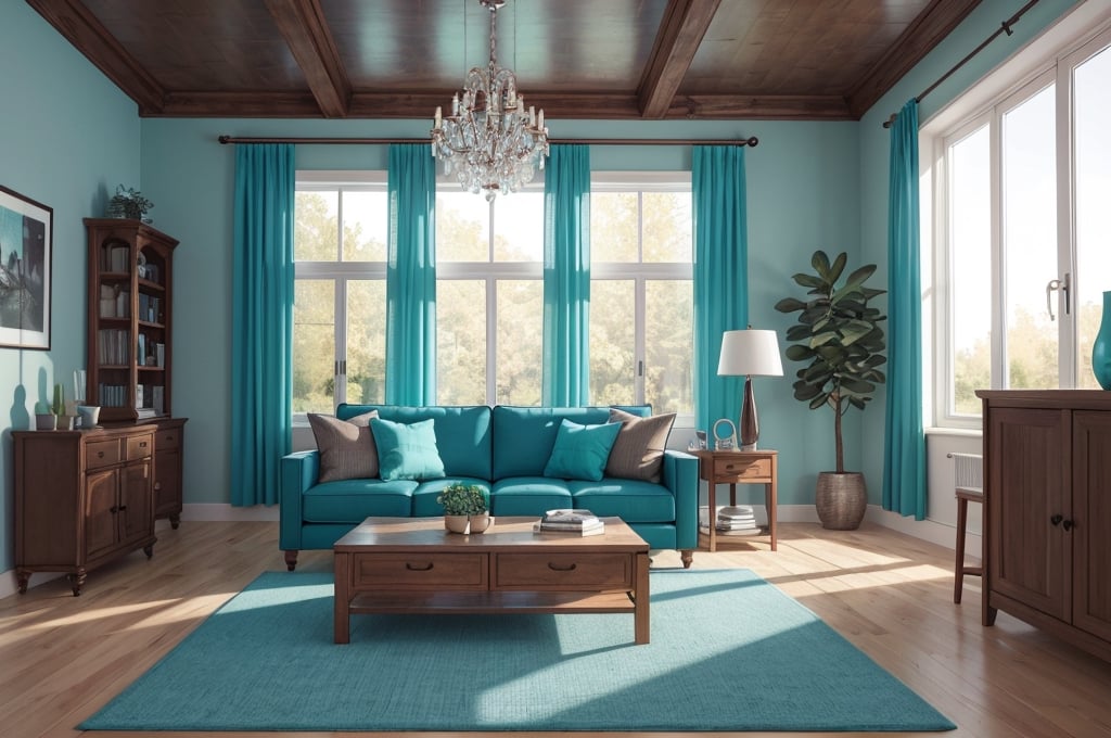 Interior design living room, Colors:  Turquoise, Brown, and Teal, 3D rendered, masterpiece, beautiful, modern design, high ceiling, large shop, cozy atmosphere, realistic colors, detailed, widescreen, full picture, ultra-high definition, extremely detailed, photorealistic, high resolution interior design, extremely high detailed beautiful modern lighting,