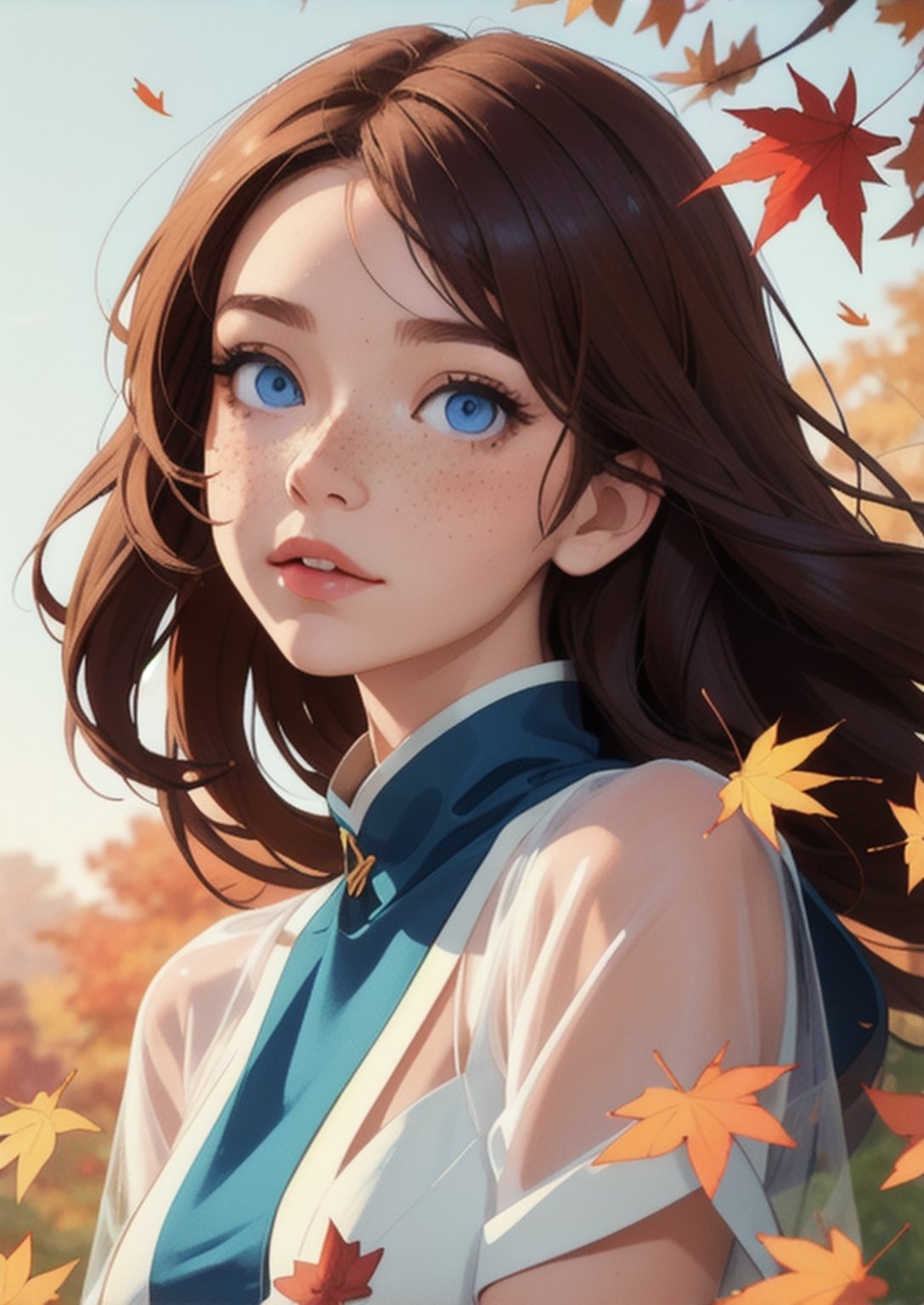 Goodbye summer, 

Masterpiece of fantasy and magical art, digital art fantasy,

Closeup autumn girl, ginger long messy hair, freckles, blue empathic eyes, double exposure, body of falling leaves, transparent and luminous, light, ethereal and floating leaves, colors of autumn,

Style as by Tom Cross,  Malgorzata Kmiec, Hiromu , Alberto Seveso