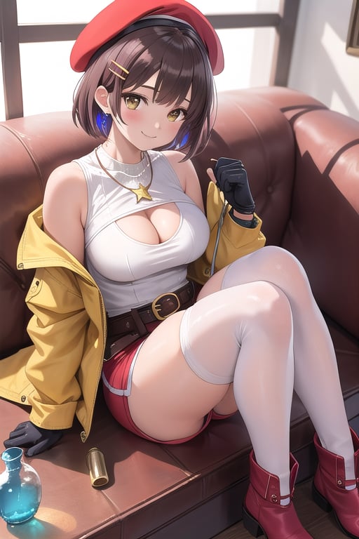 ryza,1girl, solo, jewelry, necklace, hat, thighhighs, smile, gloves, shorts, hairclip, sitting, thighs, blush, indoors, flask, breasts, boots, belt,yellow  jacket, couch, blurry, bangs, beret, hair ornament, red shorts, toeless footwear, looking at viewer, white headwear, short shorts, star necklace, star (symbol), short hair, brown gloves, single glove, round-bottom flask, closed mouth, sleeveless jacket, white thighhighs, toeless legwear
,solo,masterpiece,perfect anatomy , best quality,ultra-detailed,dynamic angle and lighting,cowboy shot,(realistic:1.4), very tight, camel toe, cleavage cutout