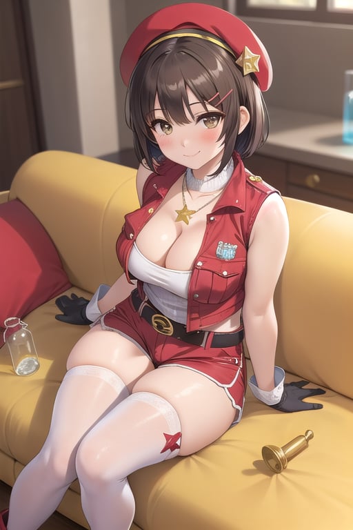 ryza,1girl, solo, jewelry, necklace, hat, thighhighs, smile, gloves, shorts, hairclip, sitting, thighs, blush, indoors, flask, breasts, boots, belt,yellow  jacket, couch, blurry, bangs, beret, hair ornament, red shorts, toeless footwear, looking at viewer, white headwear, short shorts, star necklace, star (symbol), short hair, brown gloves, single glove, round-bottom flask, closed mouth, sleeveless jacket, white thighhighs, toeless legwear
,solo,masterpiece,perfect anatomy , best quality,ultra-detailed,dynamic angle and lighting,cowboy shot,(realistic:1.4), very tight, camel toe, cleavage cutout