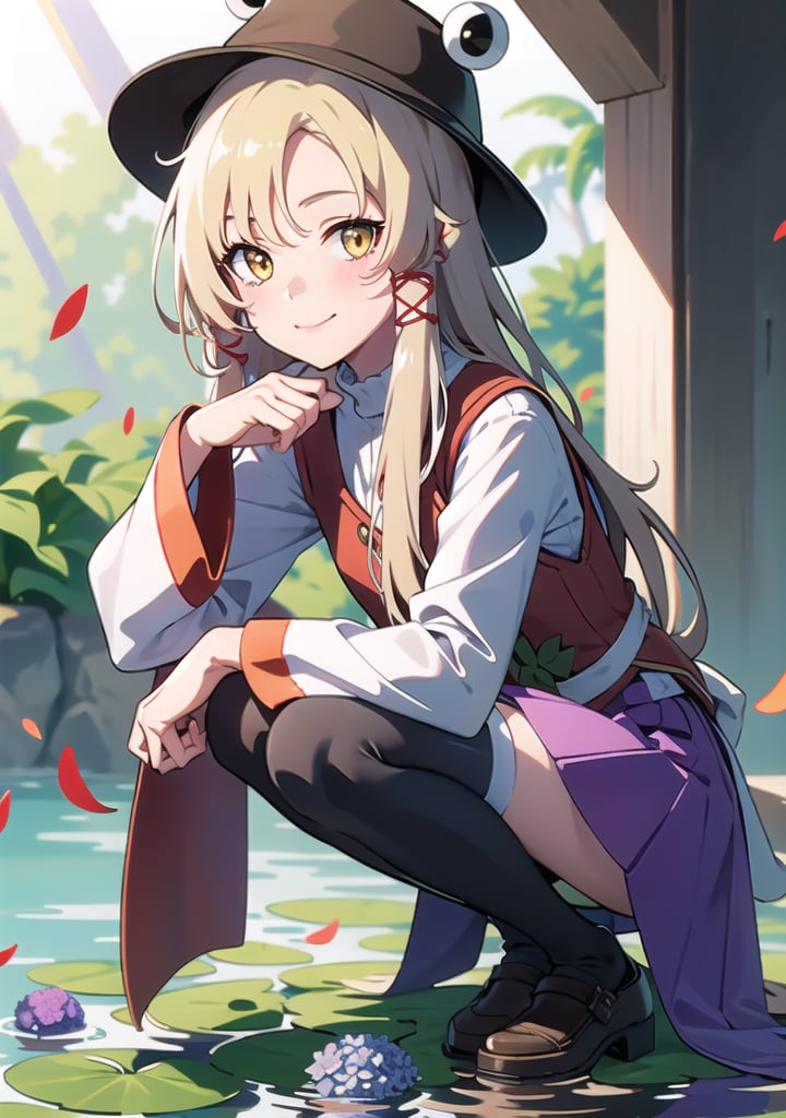 masterpiece, best quality, ,1girl, moriya suwako, hydrangea, blonde hair, flower, thighhighs, solo, yellow eyes, ribbon, hat, hair ribbon, purple skirt, torii, red ribbon, frog, white thighhighs, skirt, smile, long sleeves, vest, wide sleeves, looking at viewer, outdoors, bangs, brown headwear, sitting, pink flower, blush, purple vest, tress ribbon, shirt, lily pad, animal, white shirt, sunlight, long hair, blue flower, purple flower, water, day, closed mouth, medium hair, light rays, sidelocks, petals, knees up, skirt set, parted bangs, sunbeam, head rest, turtleneck, squatting, leaf, nature, tree