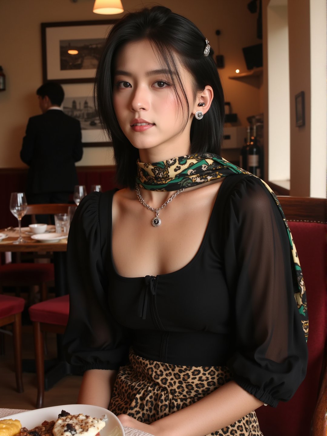 Masterpiece, best picture quality,asain, an 18-year-old woman with long hair, hairpins, necklace and earrings, black silk top, leopard print skirt, silk scarf, sitting in a French restaurant, cool colors, aloof beauty