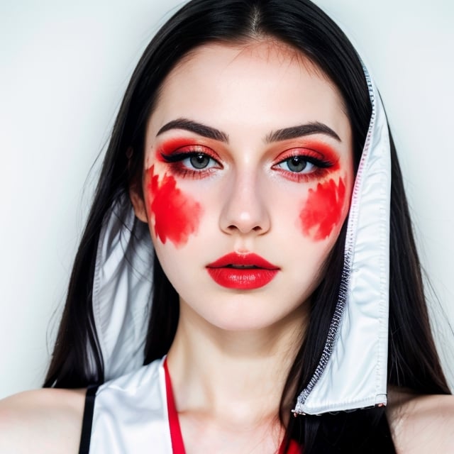 woman, beautiful face, perfect face, colorful eyes fully black hair, pale white skin, sexy marks, perfect, fully white abstract background, shiny red accessories, red theme, best quality, clear texture, details, canon eos 80d photo, light makeu, (mid parted straight hair: 0.9)