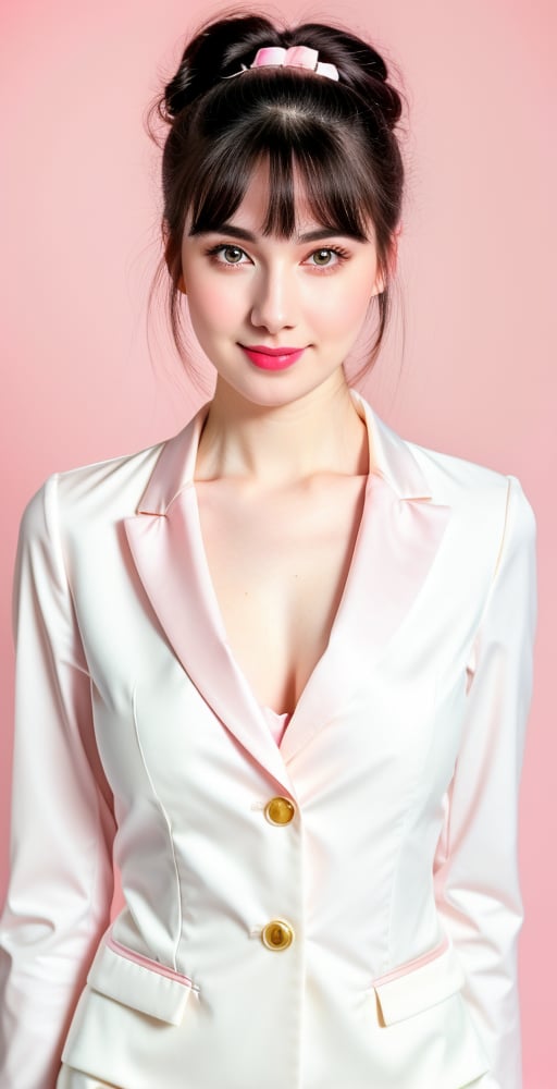 





woman, green eyes, straight middle parted hairstyle, dark black hair, super beauty marks, pale white skin, best quality, clear texture, details, canon eos 80d photo, light makeup, (pink color background theme: 1.3), (pale white skin:1.1), professional coloring photo, (sexy style business woman outfit:1.1), (pale white skin:1.1), smile