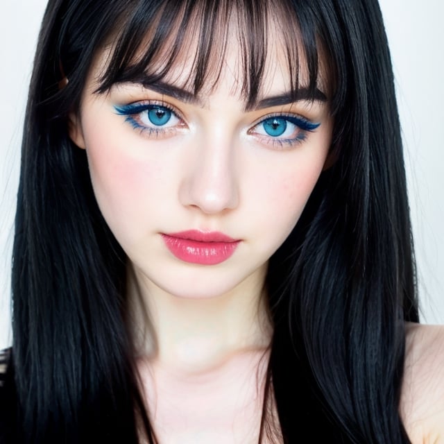 woman, beautiful face, perfect face, colorful eyes fully black hair, pale white skin, sexy marks, perfect, fully white abstract background, shiny blue accessories, blue theme, best quality, clear texture, details, canon eos 80d photo, light makeu, (mid parted straight hair: 1.1)