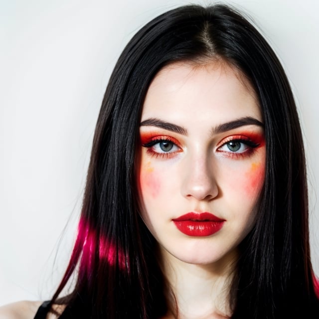 woman, beautiful face, perfect face, colorful eyes fully black hair, pale white skin, sexy marks, perfect, fully white abstract background, shiny red accessories, red theme, best quality, clear texture, details, canon eos 80d photo, light makeu, (mid parted straight hair: 0.9)