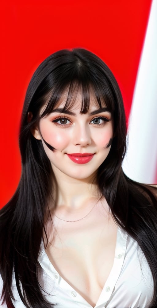 woman, beautiful face, perfect face, colorful eyes fully black hair, pale white skin, sexy marks, perfect, 
smile
(shiny_emerald_accessories: 1.0), light makeup, tigh shirt on chest
fully white abstract background,  (red_background: 1.2), 
best quality, clear texture, details, canon eos 80d photo, 